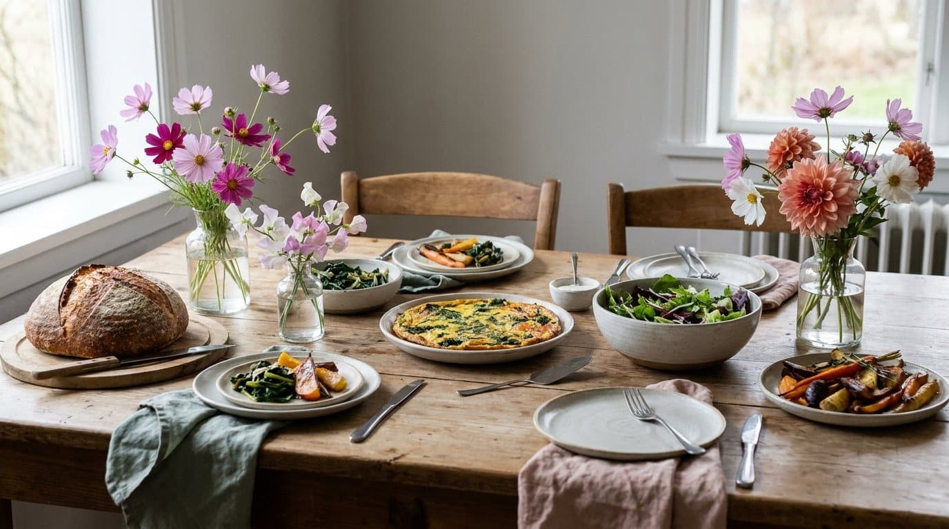 Dukat bord med säsongens mat och trädgårdsblommor