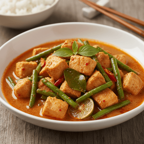 Pad Prik King (Thailändsk röd curry-wok med kyckling och gröna bönor)