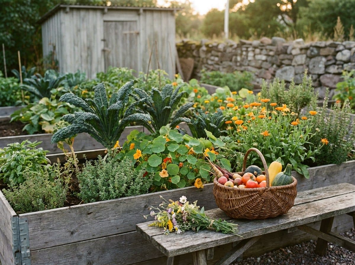Köksträdgård med örter, grönsaker och ätbara blommor