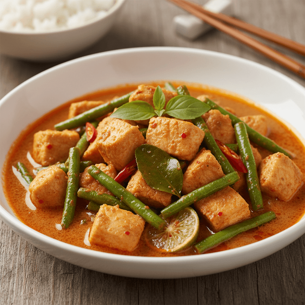 Pad Prik King (Thailändsk röd curry-wok med kyckling och gröna bönor)